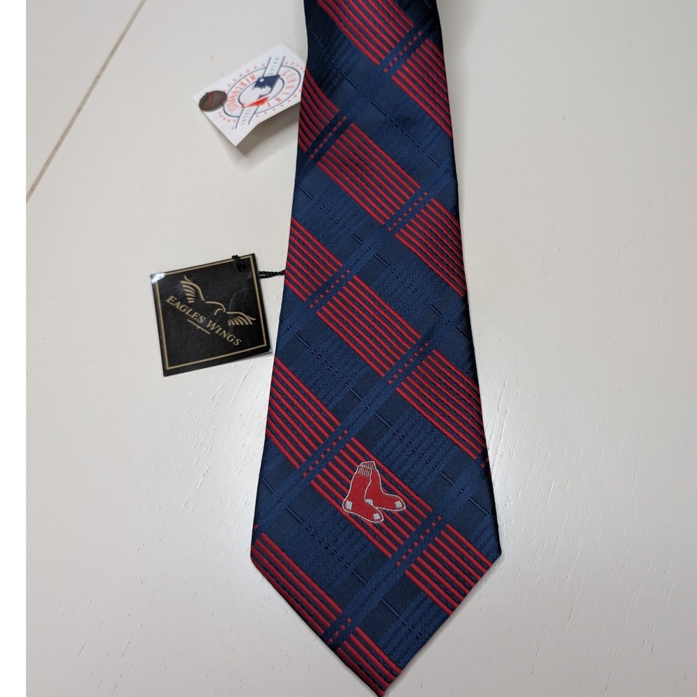 Eagles Wings Necktie Mens OS Blue Red Boston Red Sox Woven Plaid MLB‎ Logo Tie